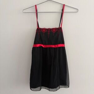 Bodyguard Black Mesh Babydoll Top Red Lace Embroidery Ribbon Y2K Goth